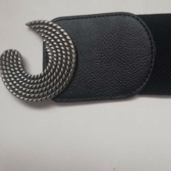 Black Symmetrical Round Buckle Wide Elastic Belt - Picture 8 of 9